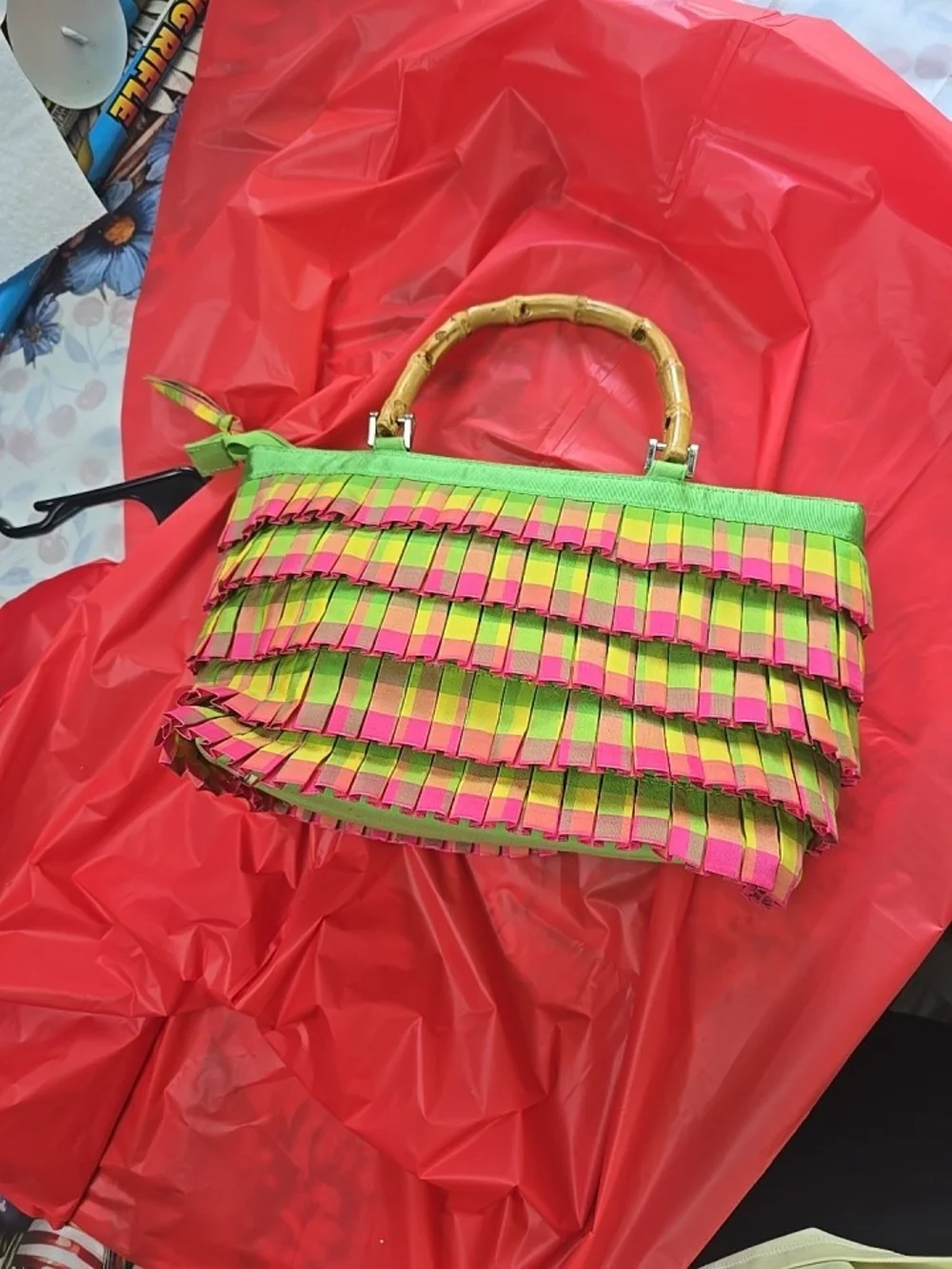 Fringed Woven Tote with Bamboo Handle - Green & Pink